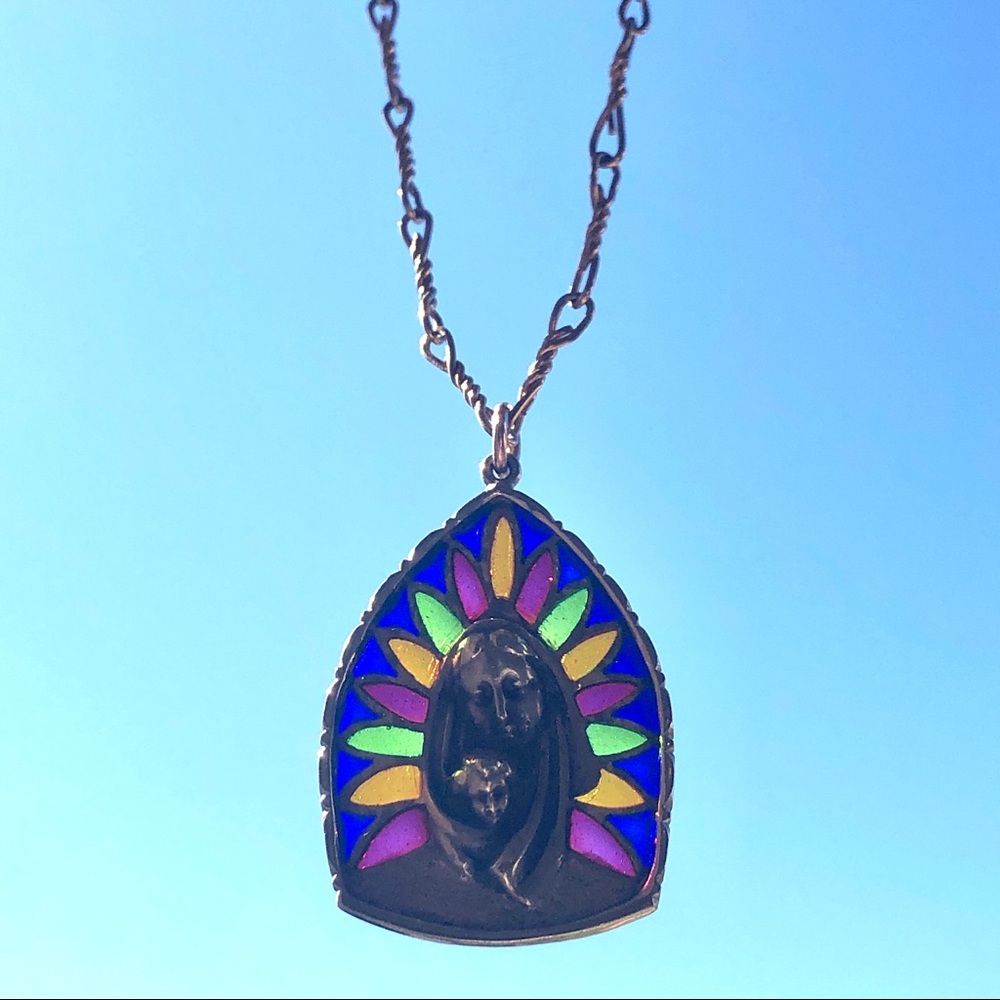 Vintage Monet Glass/Gold Virgin Mary Necklace